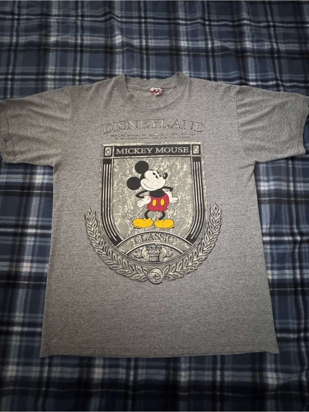 Vintage Disney Grey Mickey Mouse Graphic Tee with Red and Yellow Accents